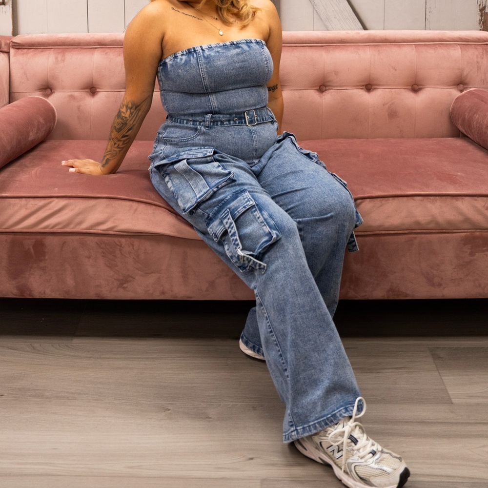 Blue Denim Strapless Jumpsuit